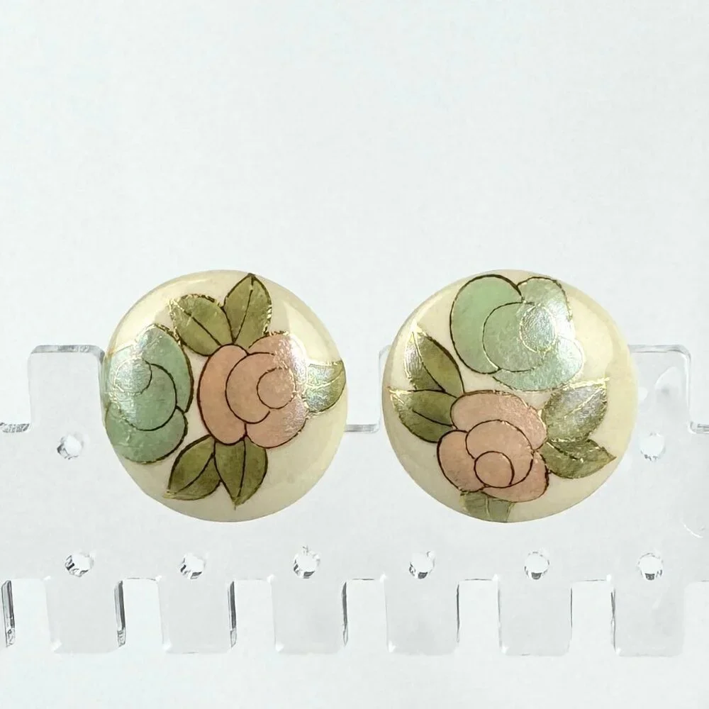 Hand-Painted Floral Round Stud Earrings - Pink & Mint